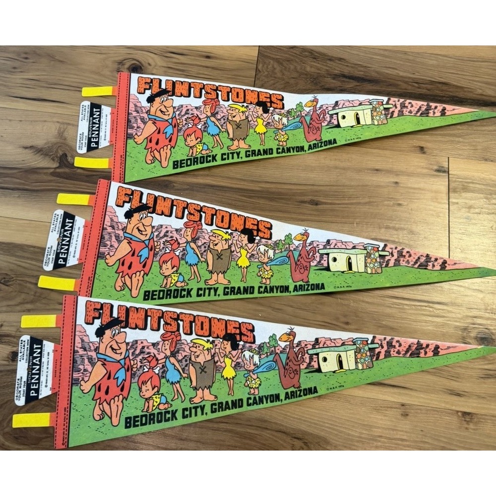 Vtg 1976 Flintstones Bedrock City Arizona Felt Pennant Lot of 3 Hanna Barbera